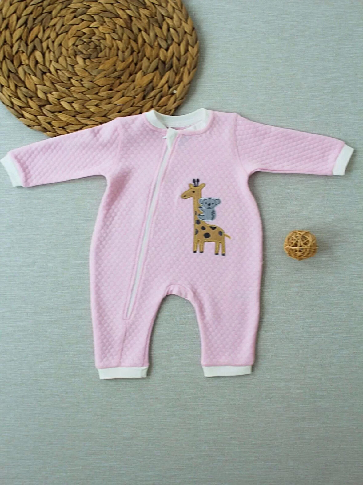 6-9 12-18 18-24 24-36 Ay Animal Nakışlı Bal Peteği Kumaş Es Fermuarlı Kız Bebek Tulumu Pembe