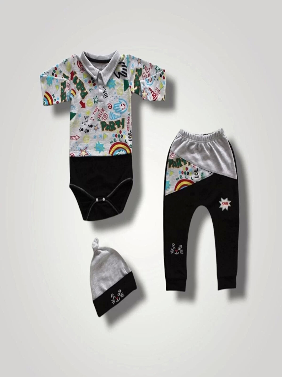 6-9 12-18 18-24 Ay Power Kedi Nakışlı Uzun Kollu Zıbınlı Şapkalı 3lü Kız Erkek Bebek Takımı Siyah