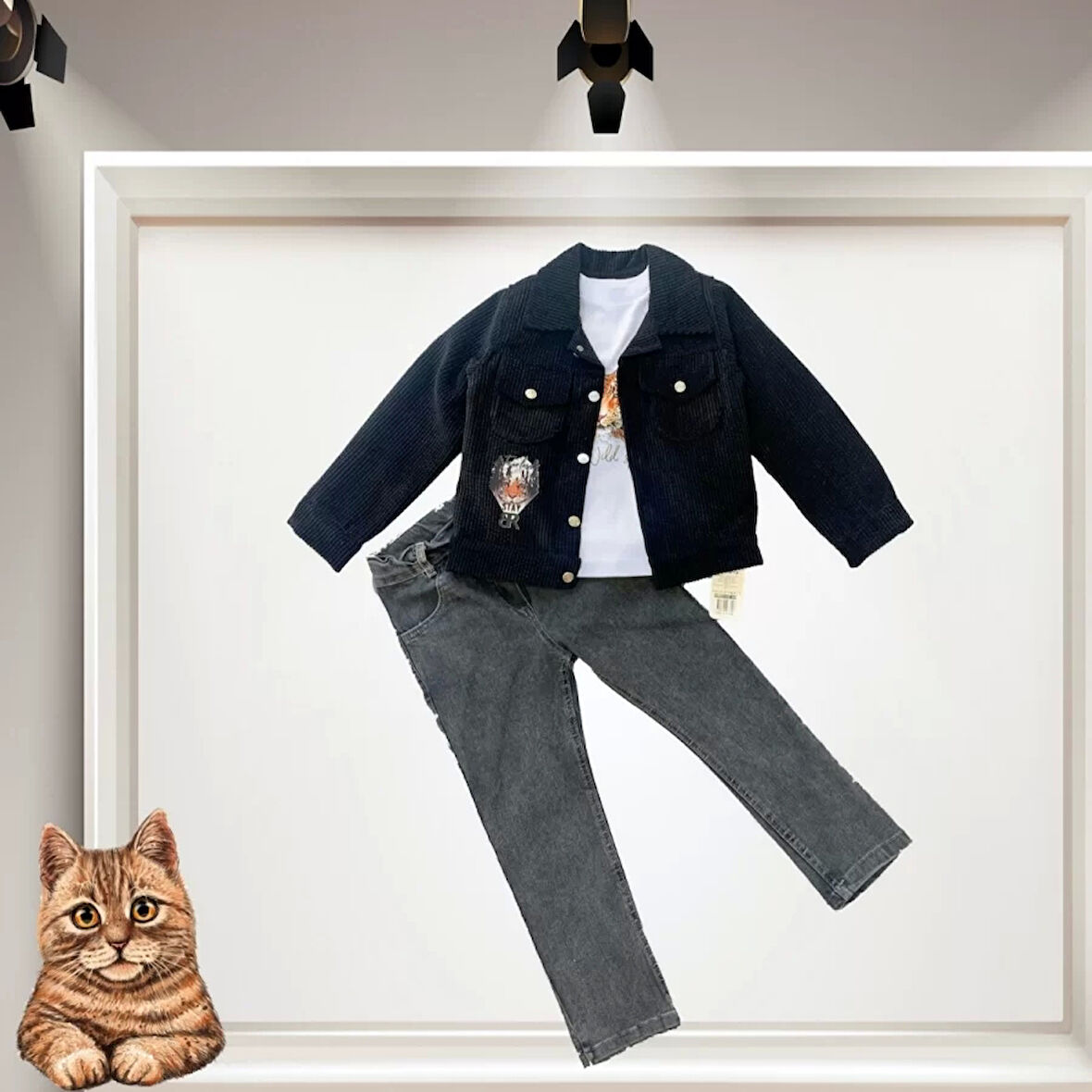 3-4-5 Yaş Fitilli Kadife Ceket Kot Pantolonlu 3lü Kız Erkek Çocuk Takımı Siyah