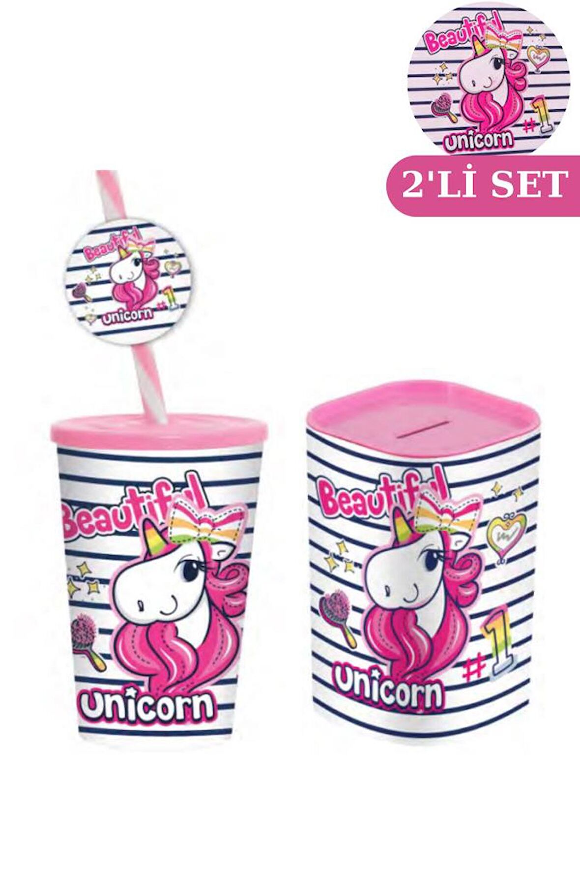 Flosoft Unicorn Desenli Çocuk Pipetli Bardak 340ml ve Büyük Boy Kumbara 2’li Set