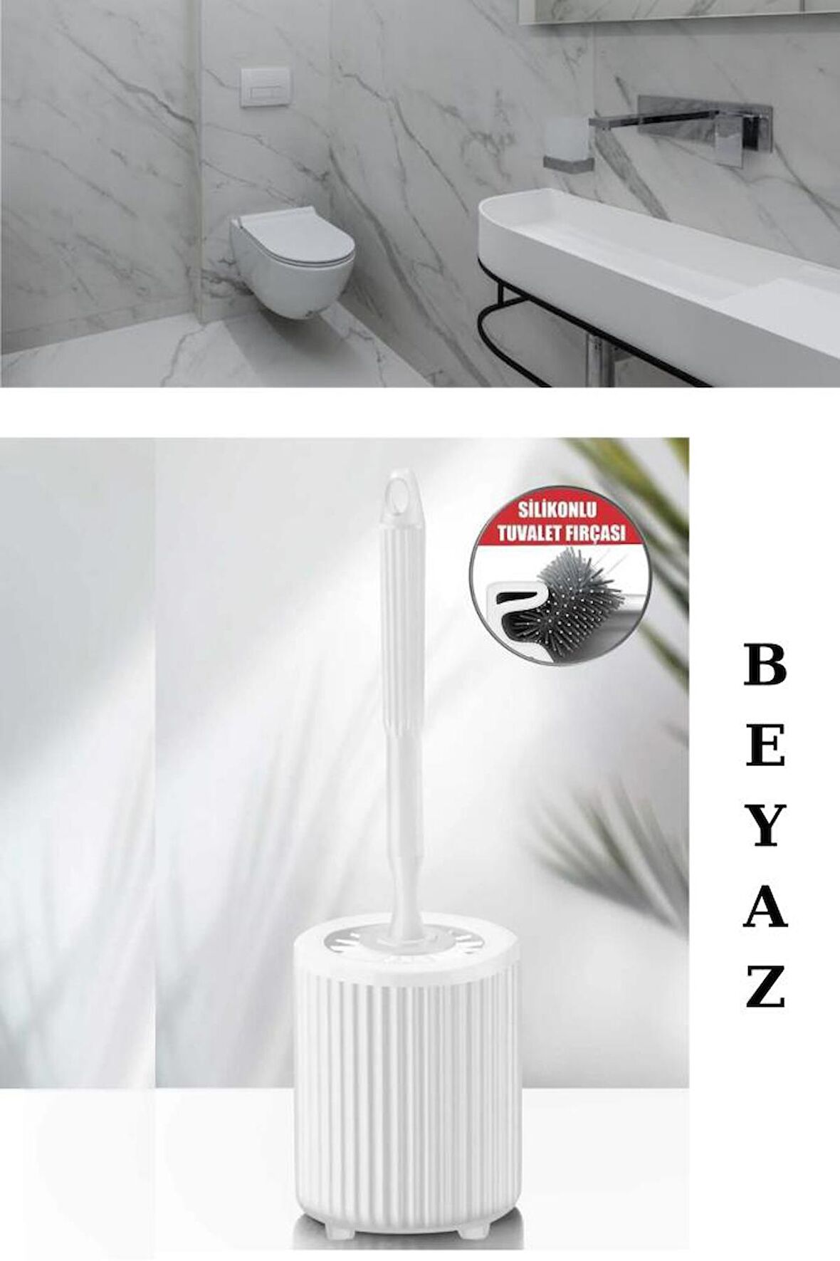 Flora Yuvarlak Silikon Tuvalet Fırçalık, Klozet Banyo Pratik Silikon WC Temizlik Fırçası Beyaz