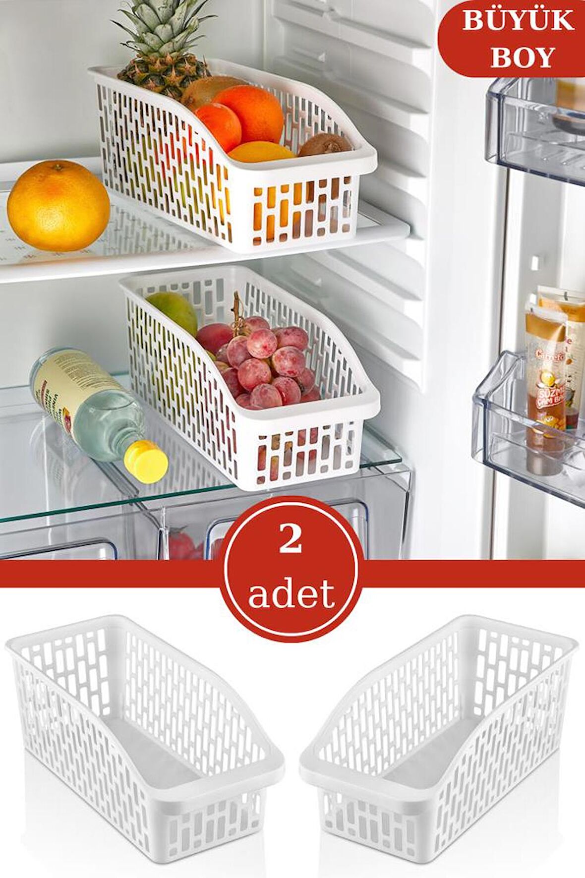 Flosoft 2 Adet Geniş Buzdolabı Sepeti, Mutfak Dolap İçi Düzenleyici Organizer 2’li Set (20x30x15cm)