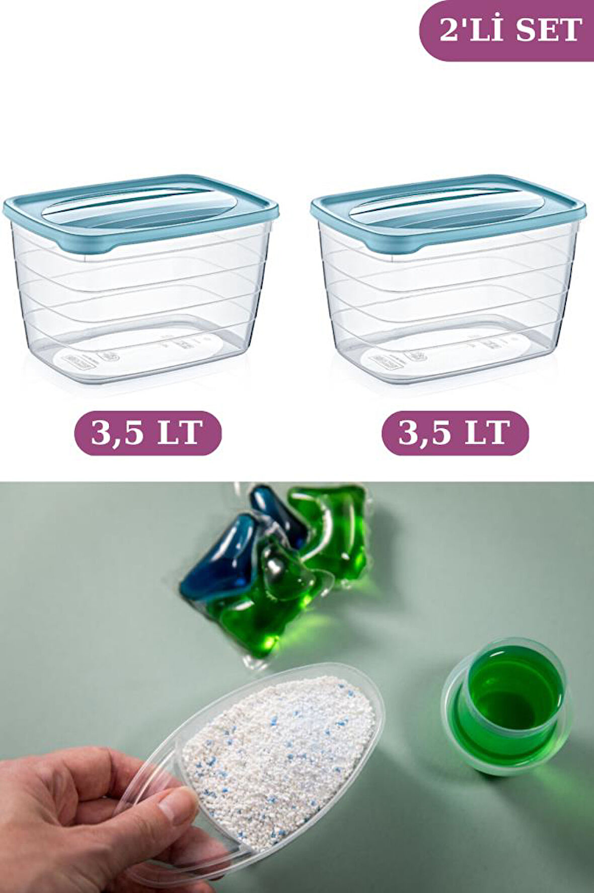 Flosoft 2’li Tablet ve Deterjan Saklama Kutusu, Un Bakliyat Saklama Kabı Seti 3,5+3,5 Litre