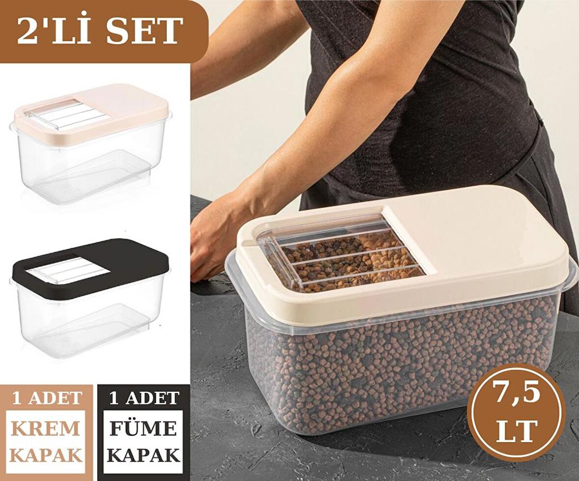 Flosoft 7,5 LT Un Bakliyat Erzak Saklama Kabı Deterjan Kutusu 2’li Set Füme+Krem