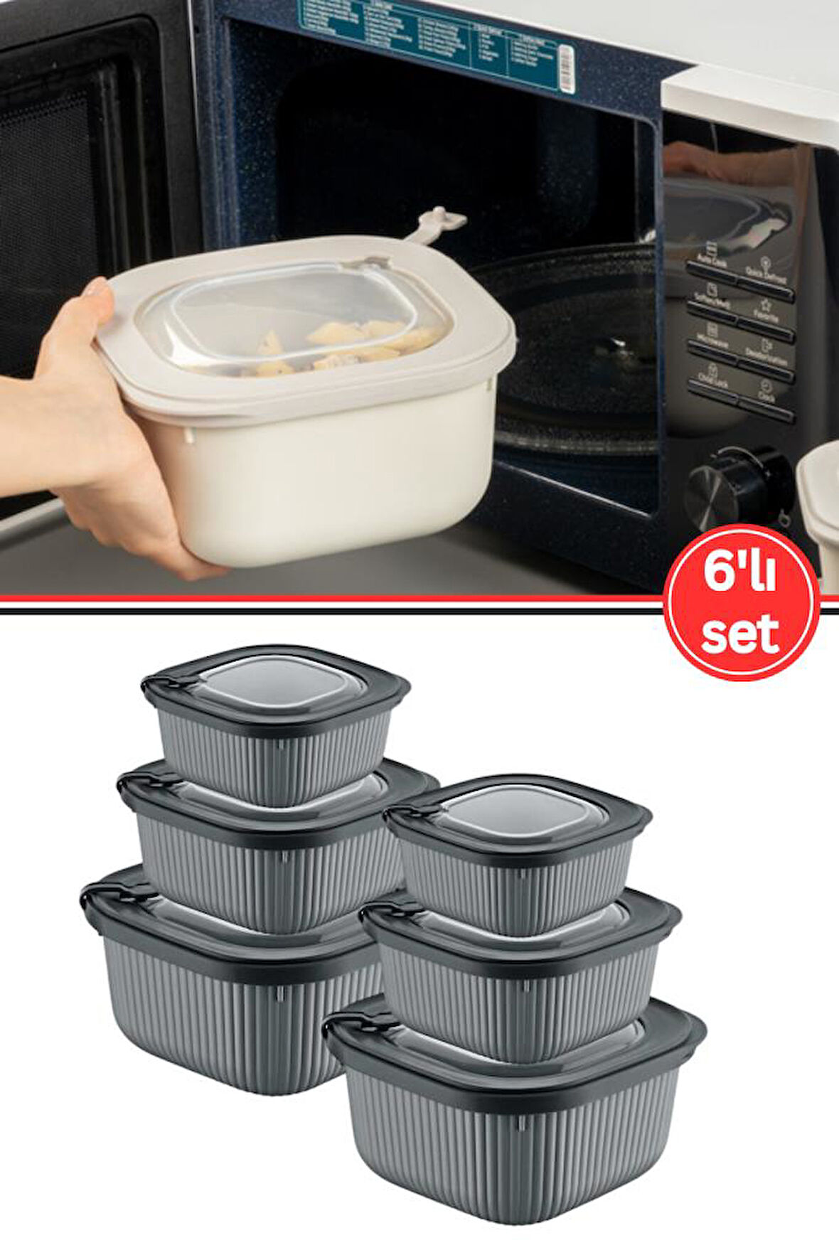 Flora Mikrodalga Saklama Kabı 6’lı Set, Buzluk Buzdolabı Mikrodalga Uygun Kapaklı Set 2x(600-1100-1800ml) Füme