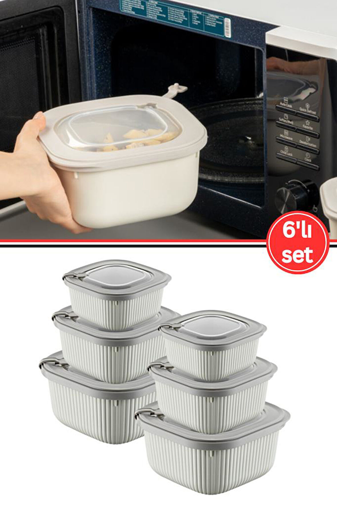 Flora Mikrodalga Saklama Kabı 6’lı Set, Buzluk Mikrodalga Uygun Kapaklı Özel Set 2x(600-1100-1800ml) Krem
