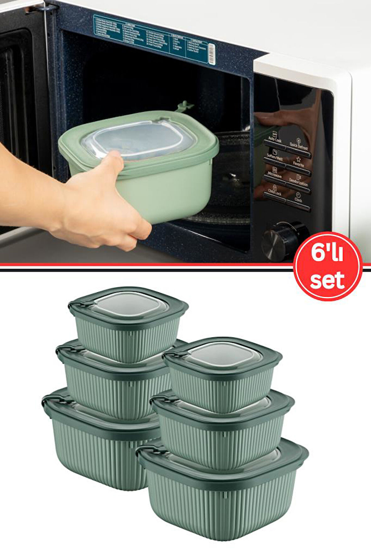 FloraMikrodalga Saklama Kabı 6’lı Set, Buzluk Mikrodalga Uygun Kapaklı Özel Set 2x(600-1100-1800ml) Yeşil