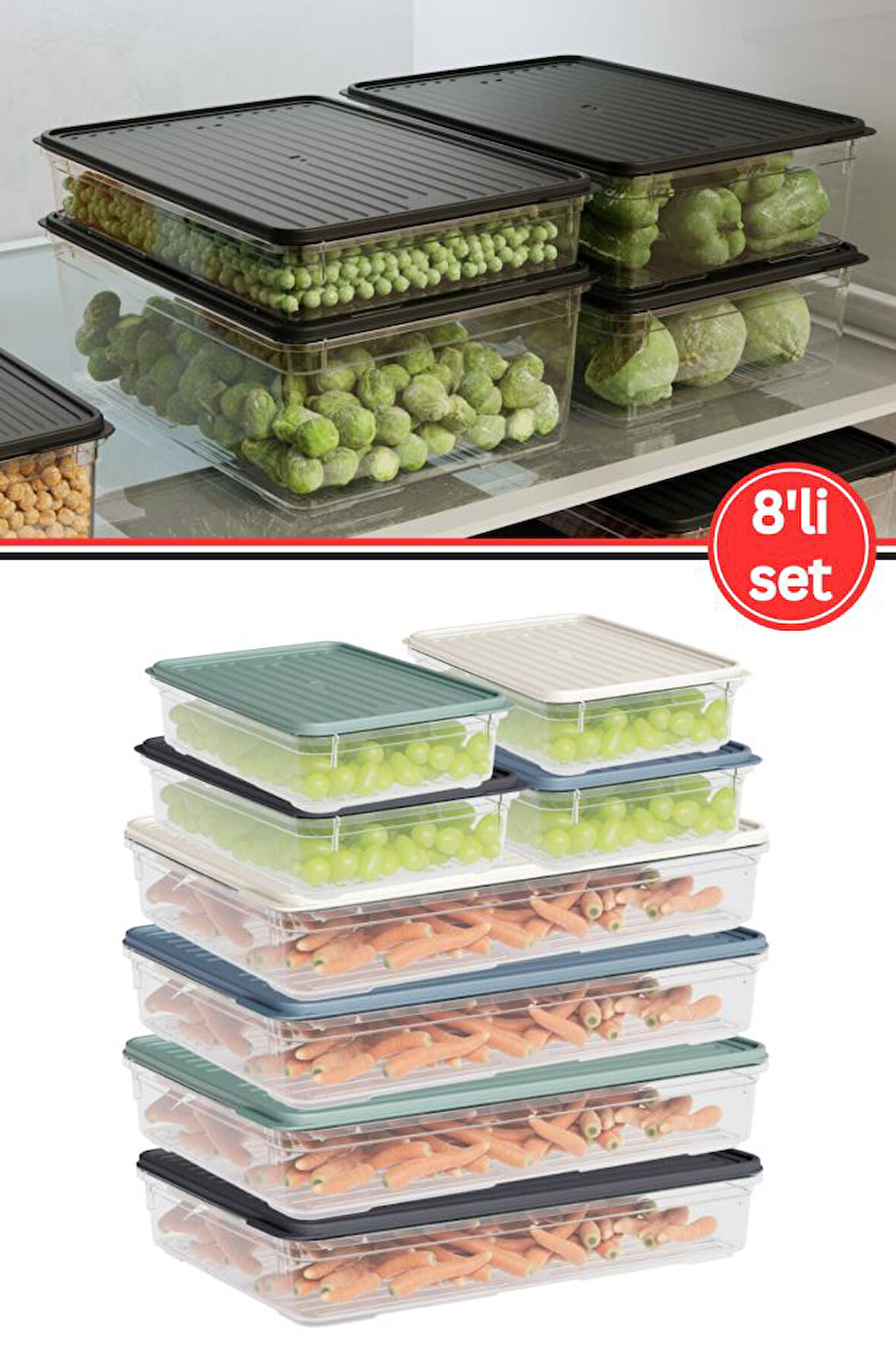 Flora 8'li Buzdolabı Düzenleyici Set, Buzluk Derin Dondurucu Buzdolabı Saklama Kabı 4x(1100,2200ml)