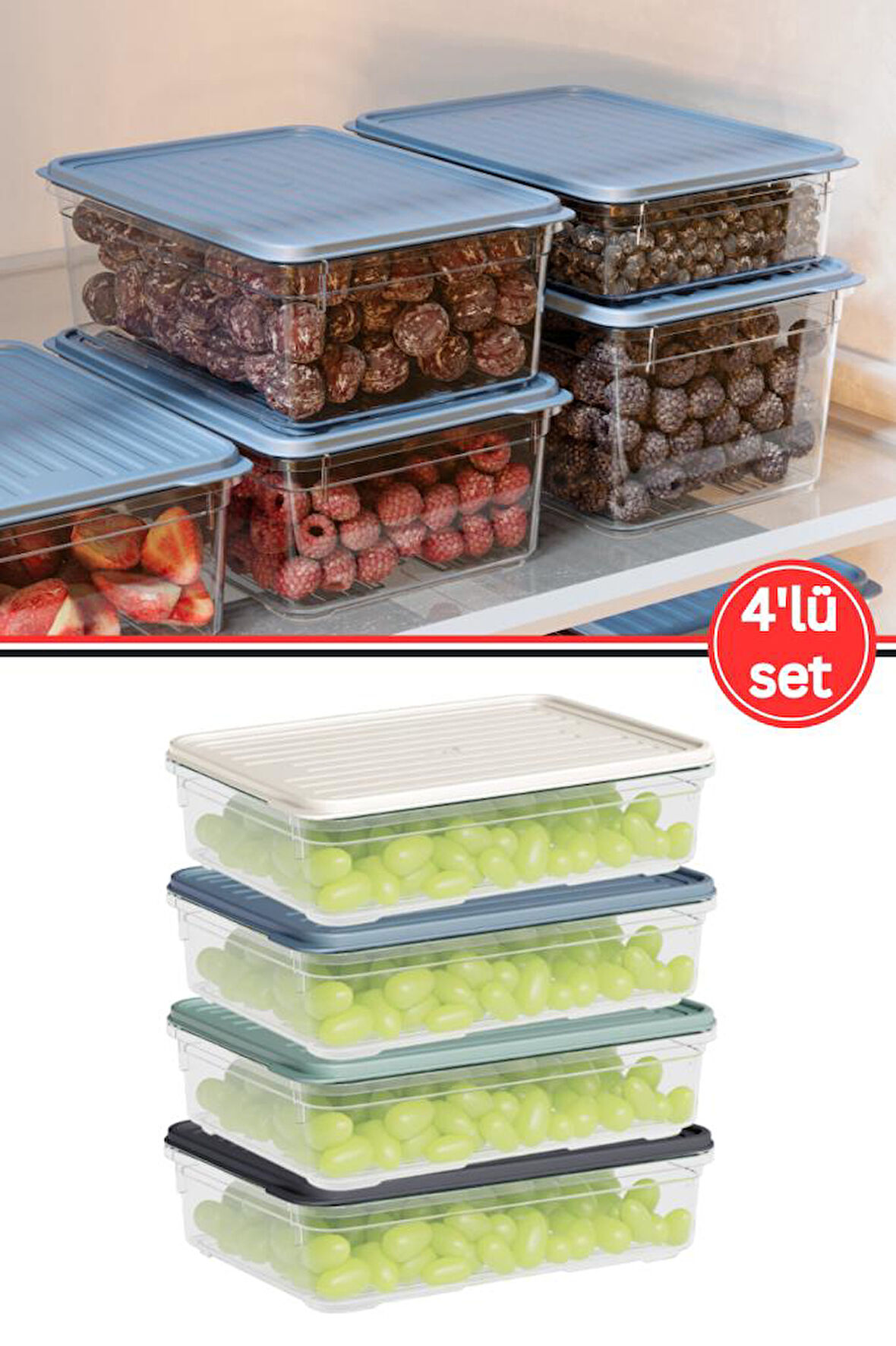 Flora 4'lü Buzdolabı Düzenleyici Set, Buzluk Difriz Derin Dondurucu Buzdolabı Saklama Kabı 4x1100ml