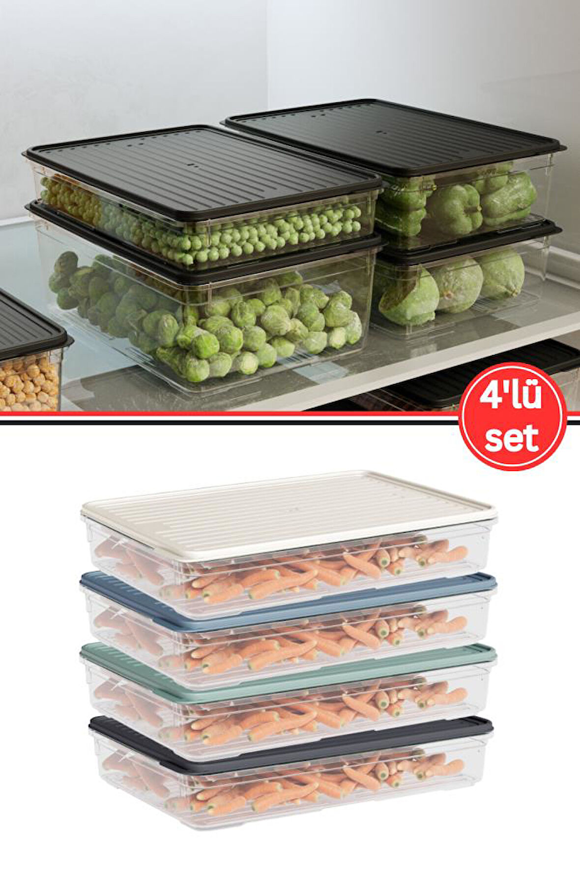 Flora 4'lü Buzdolabı Düzenleyici Set, Buzluk Difriz Derin Dondurucu Buzdolabı Saklama Kabı 4x2200ml