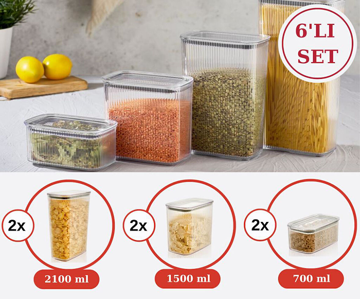 Flosoft Vakum Kapaklı Çizgi Desen Erzak Saklama Kabı 6’lı Set 2x(2100ml,1500ml,700ml)