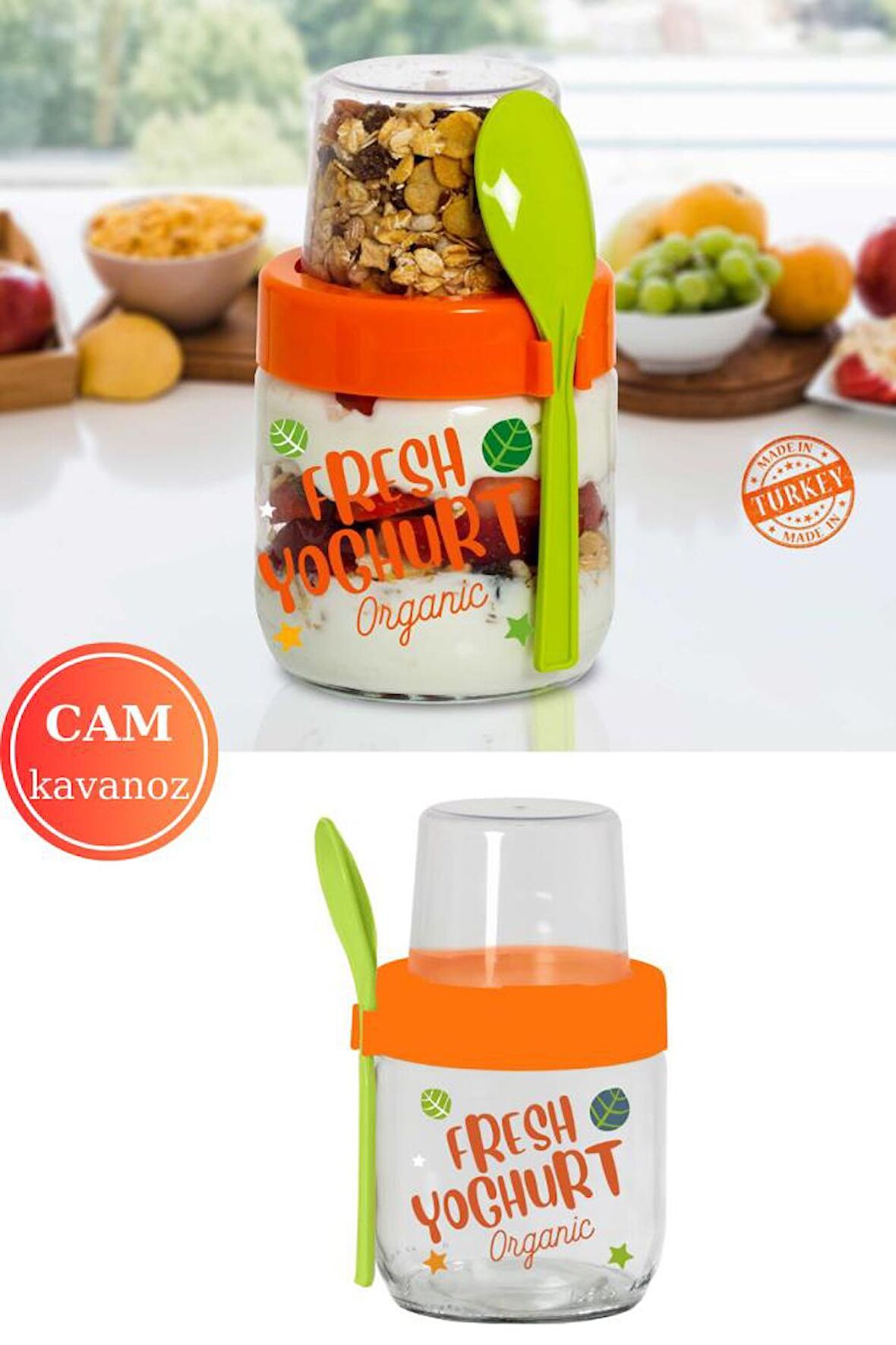 Flosoft 2'li Kaşıklı Cam Müsli Kabı Seti, Meyve Yoğurt Yulaf Müsli Granola Diyet Saklama Kabı 425ml