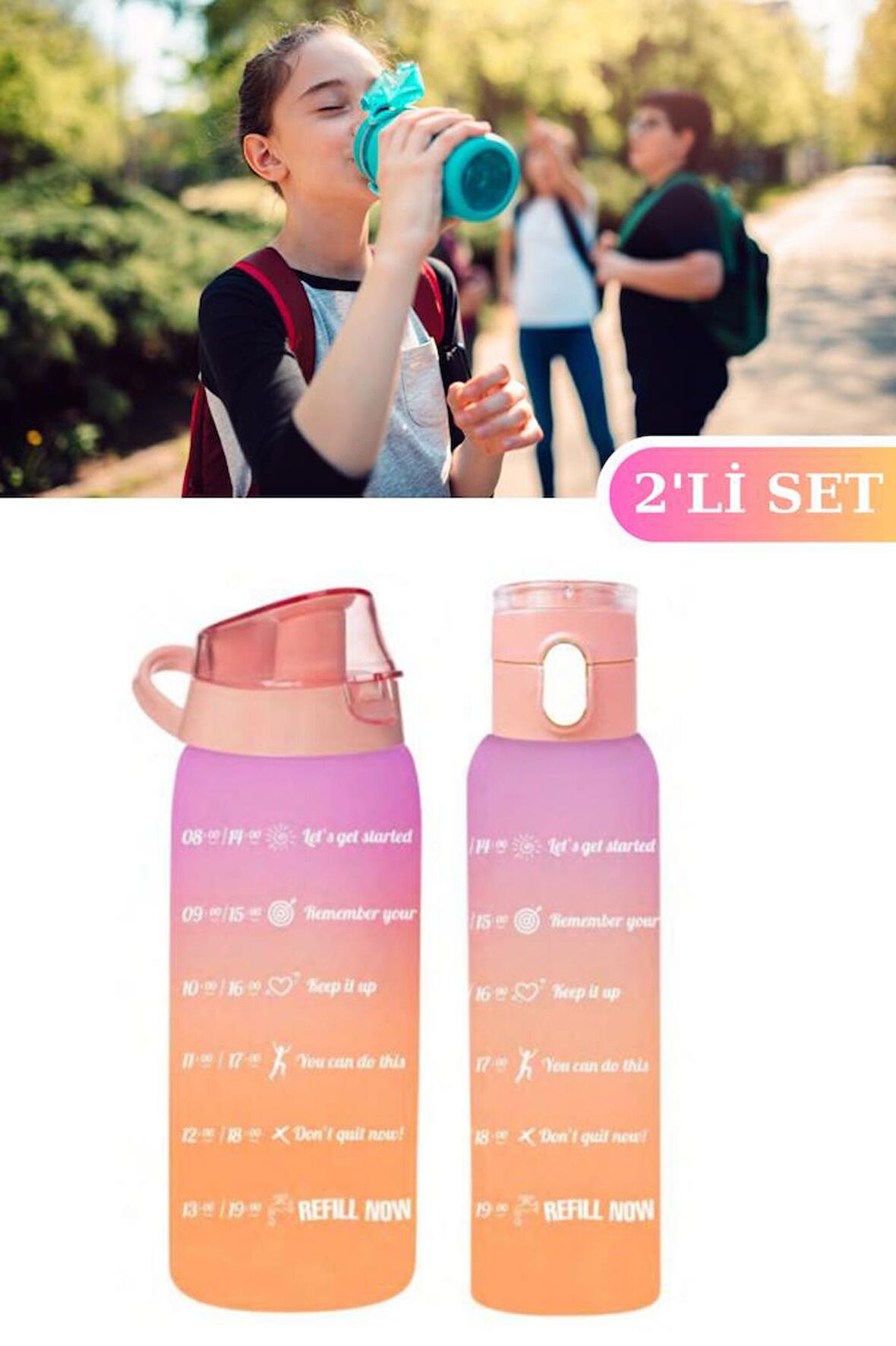 Flosoft Okul ve Sporcu Matarası Suluk, Motivasyonel Su Şişesi 2’li Set Turuncu (1000ml+750 ml)