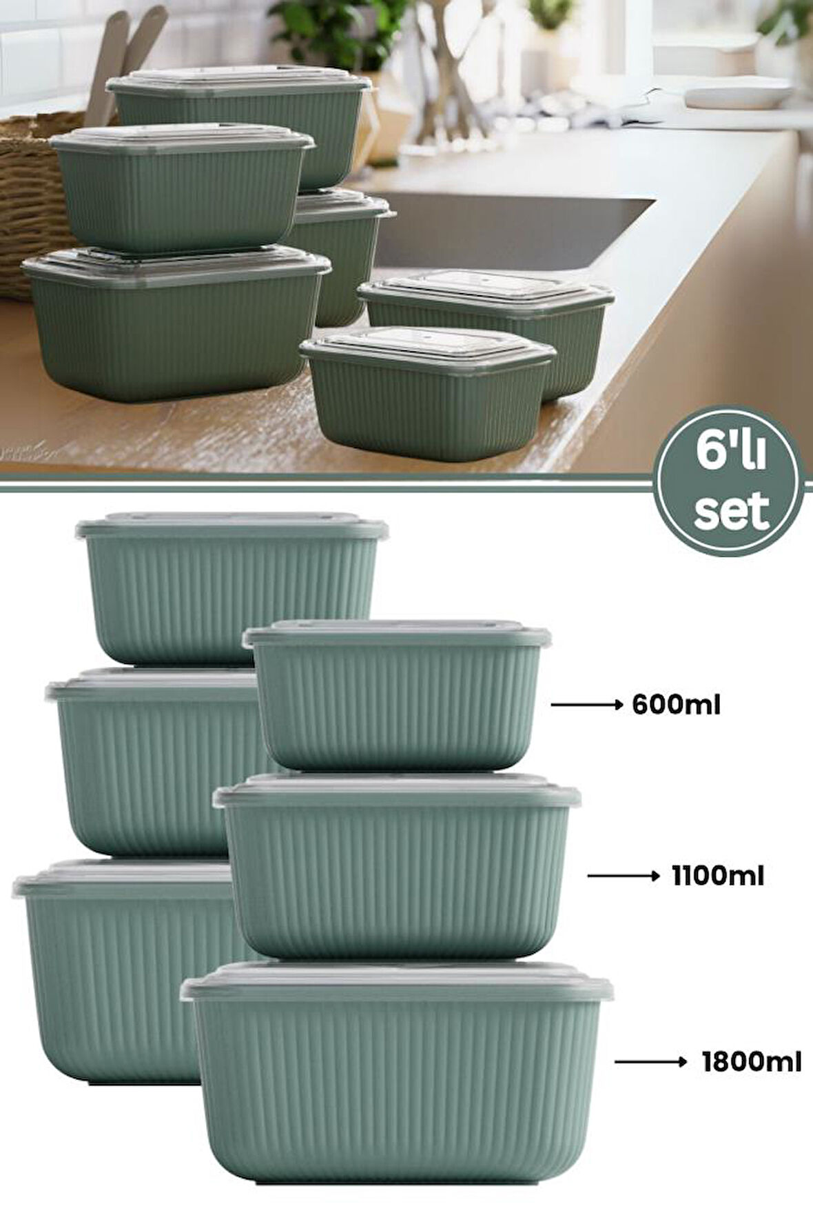 6 lı Erzak Gıda Saklama Kabı, Buzdolabı Düzenleyici Organizer 6 lı Set 2x(600ml,1100ml,1800ml) Yeşil