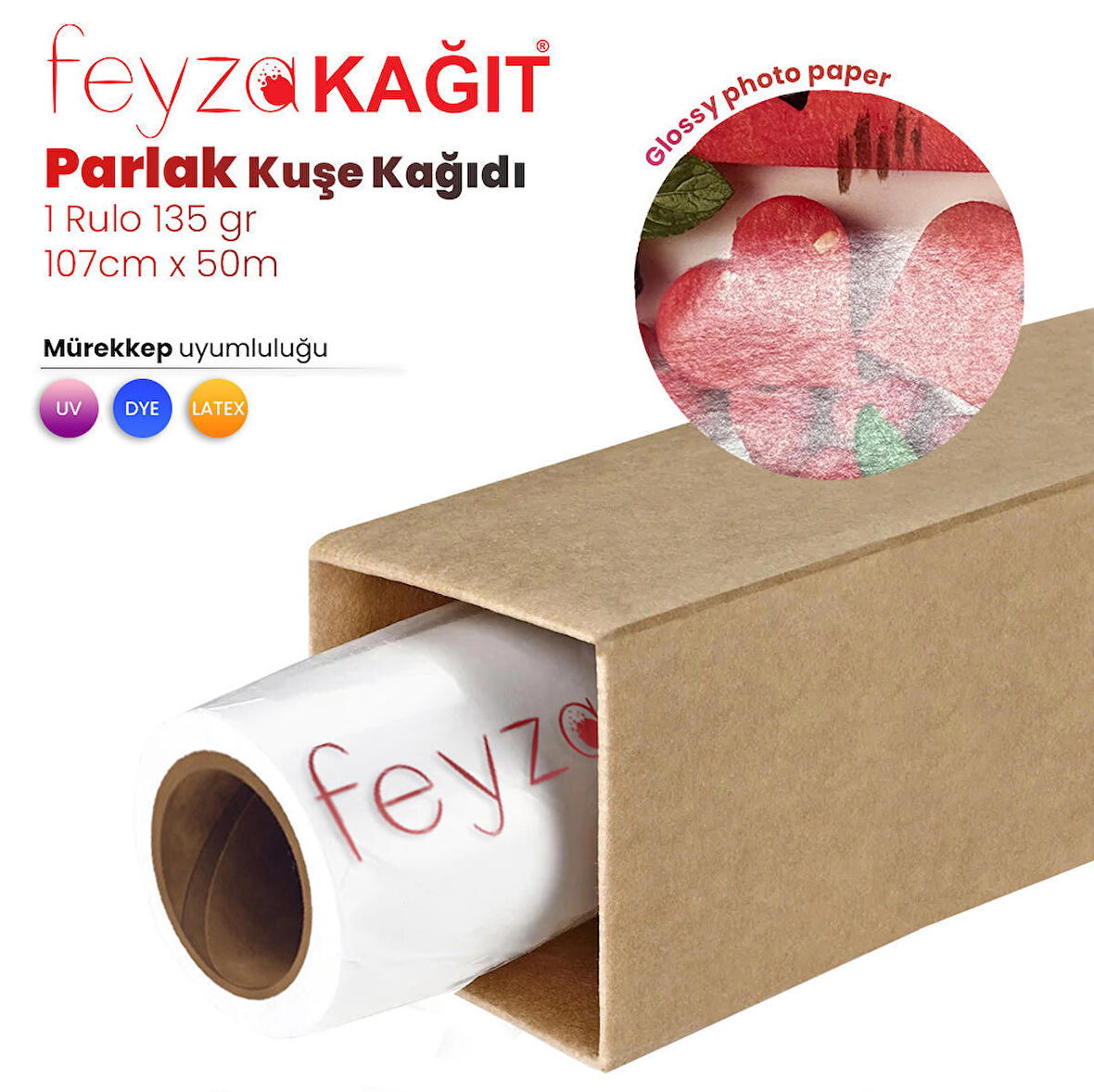 Feyza Kağıt® Parlak Kuşe Fotoğraf Kağıdı 135 gr (DYE) 107cm x 50mt (1 Rulo)