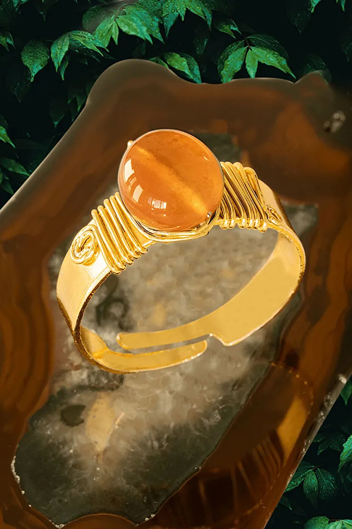 Sertifikalı Kalın Tımbıl Gold Model Turuncu Akik Taşı Yüzük - Ayarlamalı