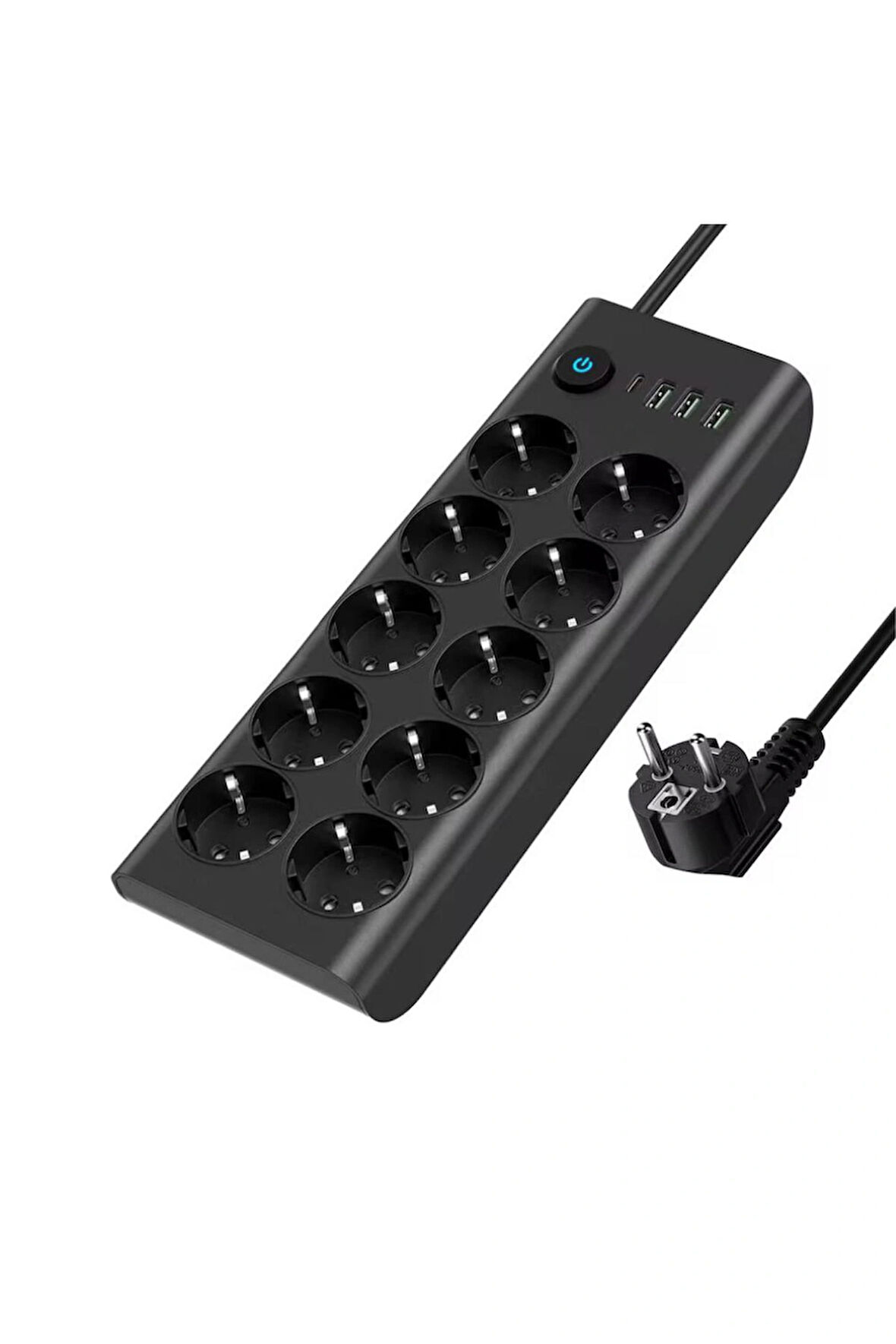 10'lu Priz ve 3 USB Çıkışlı Uzatma Kablosu – Anahtarlı, Güvenlik Korumalı, 2 Metre Kablo