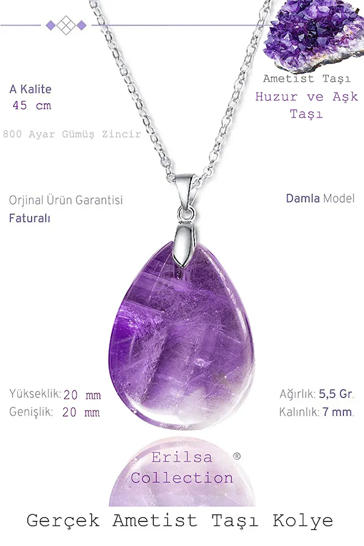Sertifikalı Damla Model Ametist Taşı Kolye - 20mm (Gümüş Aparatlı)