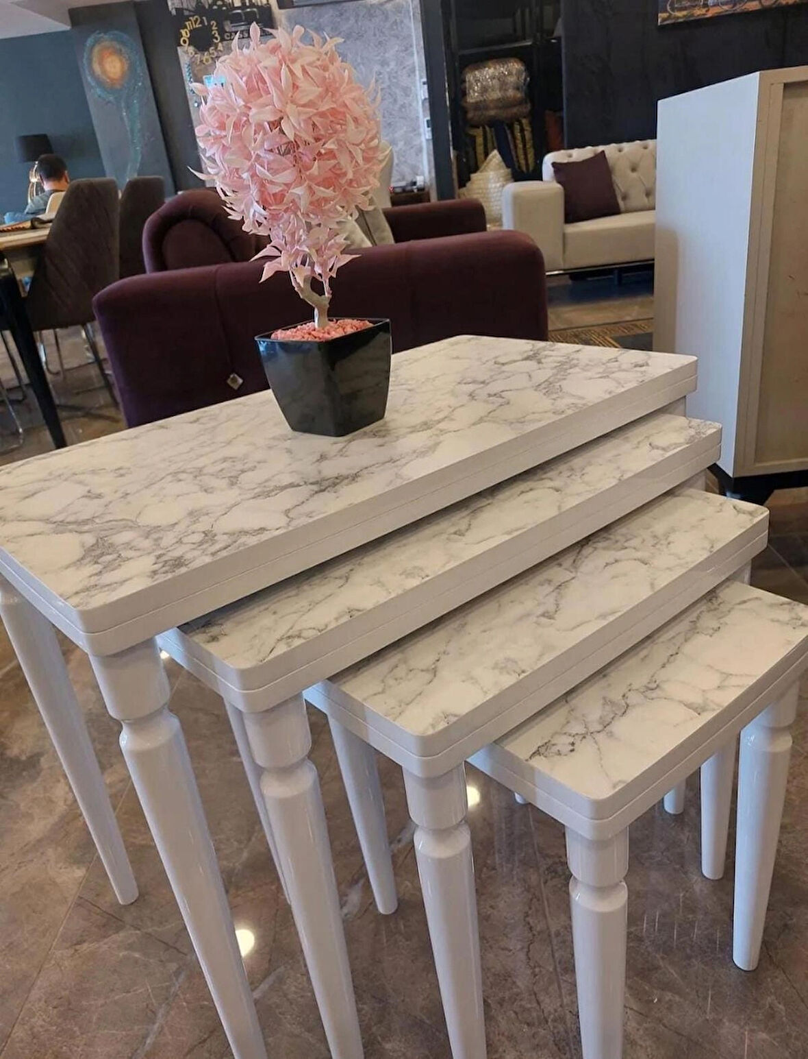 4lü Lüx Zigon Sehpa Beyaz Mermer Full Beyaz