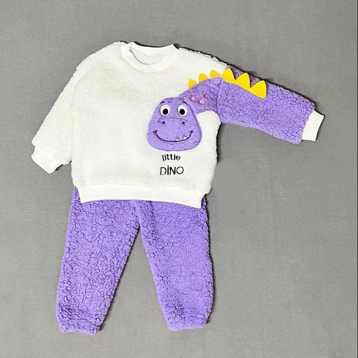 1-2-3 Yaş Minik Dino Kollu Kuzu Kumaş Sweat Pantolon Uzun Kollu Kız Erkek 2 Li Takımı