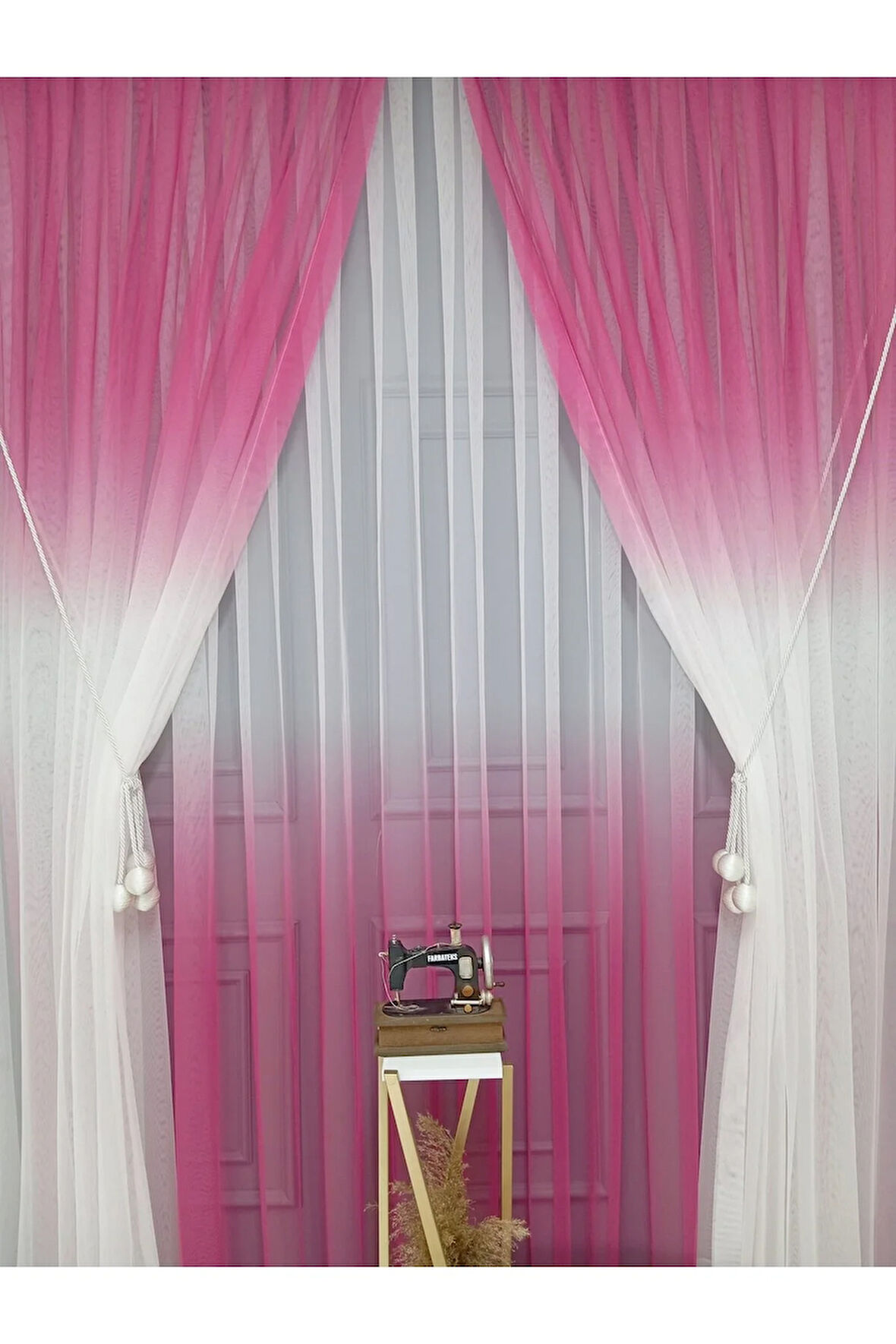 Fuşya Renkli Renk Geçişli Değrade Sağ/Sol Takım Tül Fon Perde