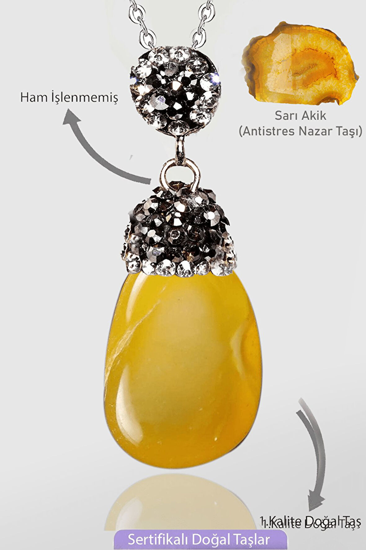 Sertifikalı Zirkon Taşlı Model Ham Sarı Akik Taşı Kolye