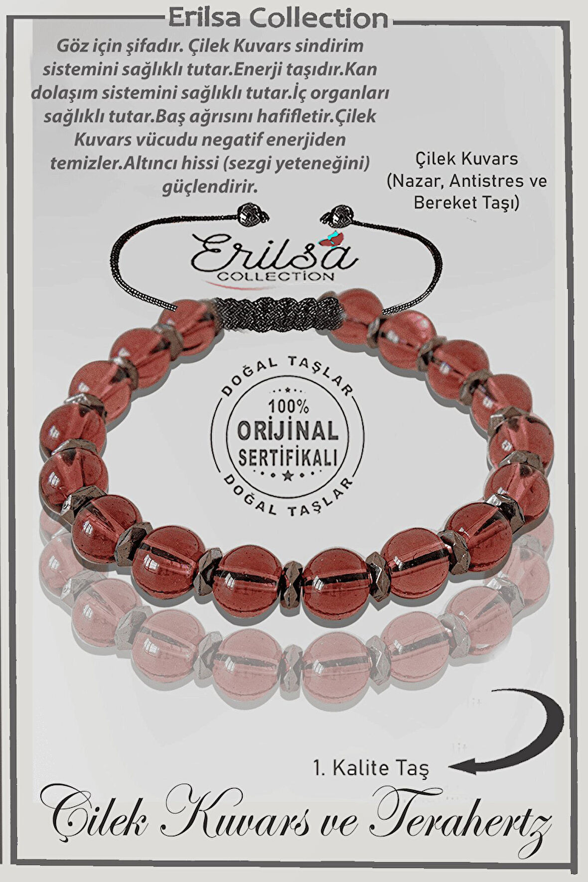 Sertifikalı Gerçek Hematit - Çilek Kuvars Taşı Bileklik - Ayarlamalı