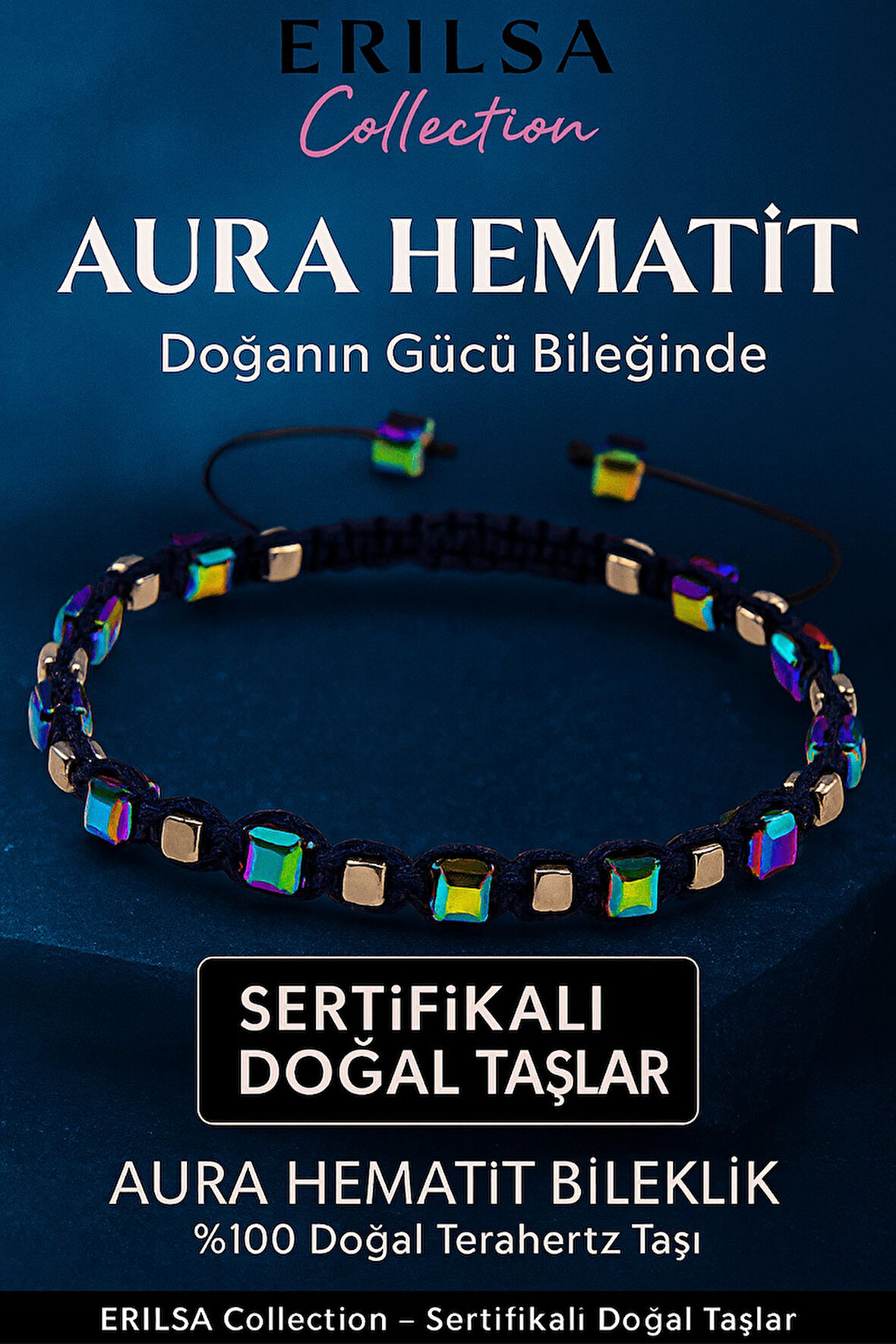 Sertifikalı Küp Kesim Terahertz Aura Hematit Doğal Taş Bileklik İnce Model