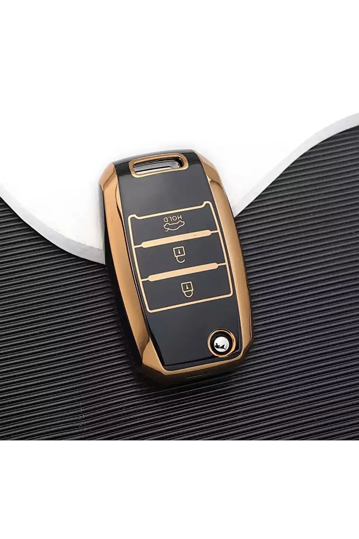 Lüx Kia Sorento Sportage Picanto Cerato Soul Rio Ceed 3 buton Sustalı Anahtar Kılıfı Siyah Gold Renk