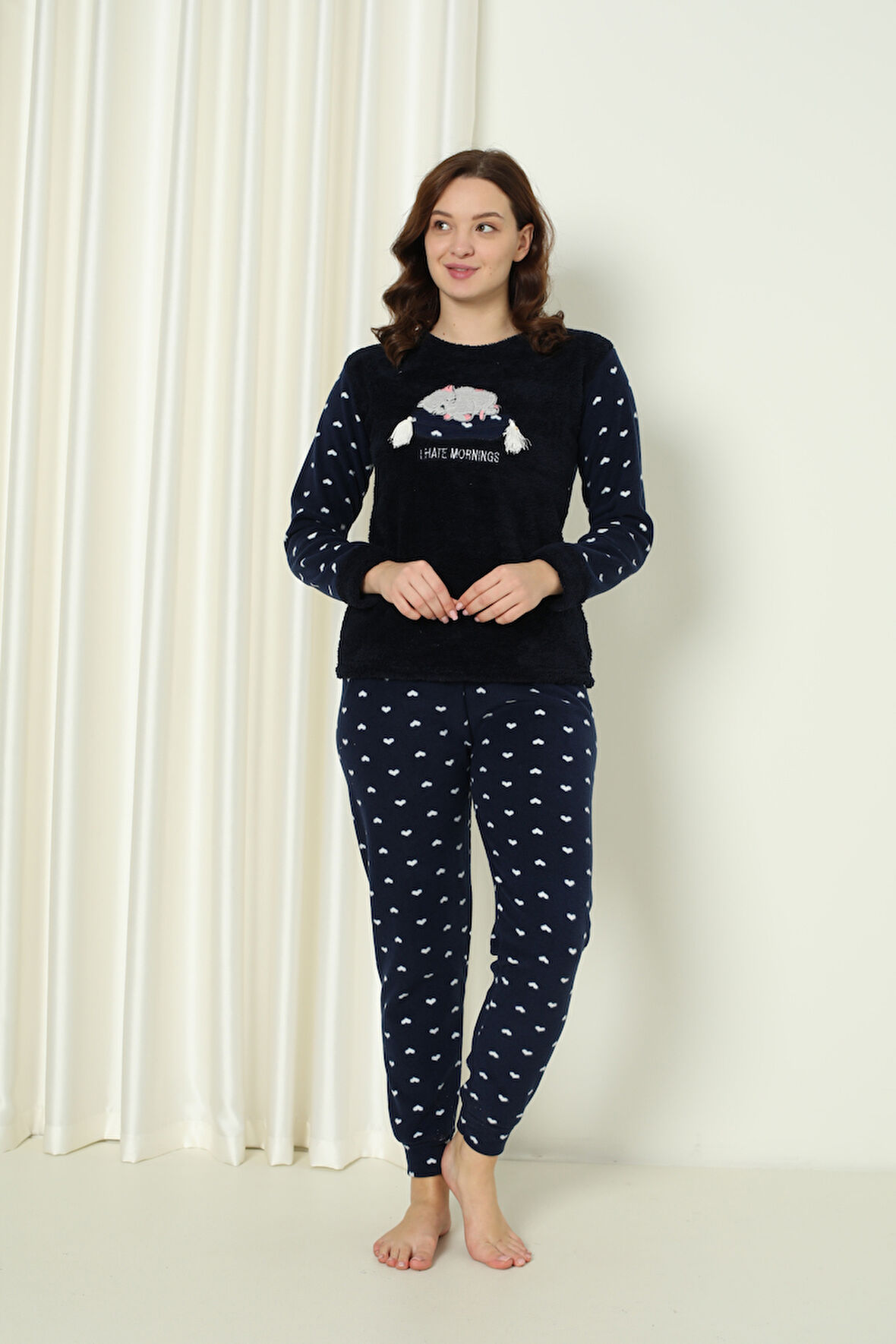 Fawn 5006 Peluş Welsoft Polar Kışlık Yumoş Kadın Pijama Takımı Uyuyan Kedili