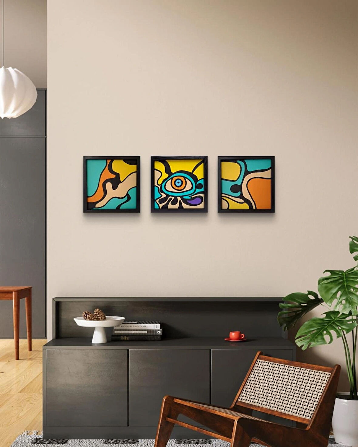 Modern Soyut 3’lü Tablo Seti – El Boyaması – 22x22 Ev Dekorasyon Tablosu – MDF Üzeri Akrilik