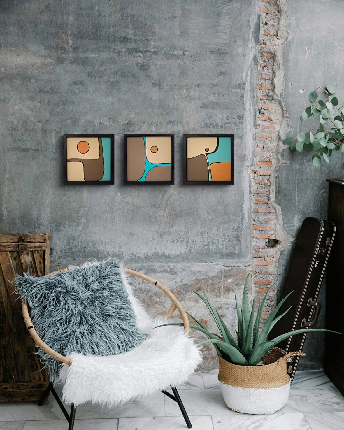 Modern Soyut 3`lü Tablo – El Boyaması – 22x22 Ev Dekorasyon Tablosu – MDF Üzeri Akrilik