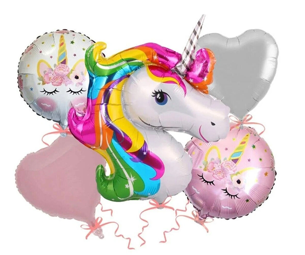 Takımlı Folyo Balon Unicorn ( Kalp ) 5'li Set