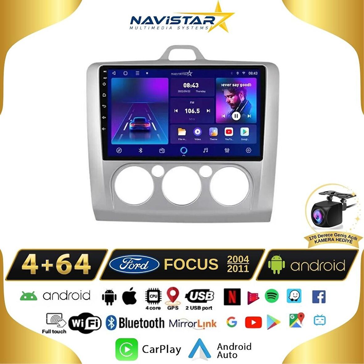 Ford Focus 2 Manuel Klima 4GB + 64GB Kablosuz Carplay Android 13 Navigasyon Multimedya Sistemi