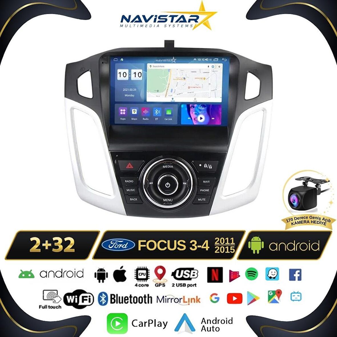 Ford Focus 3-4 2+32GB Kablosuz Carplay 2011-2015 Android 13 Navigasyon Multimedya Sistemi 
