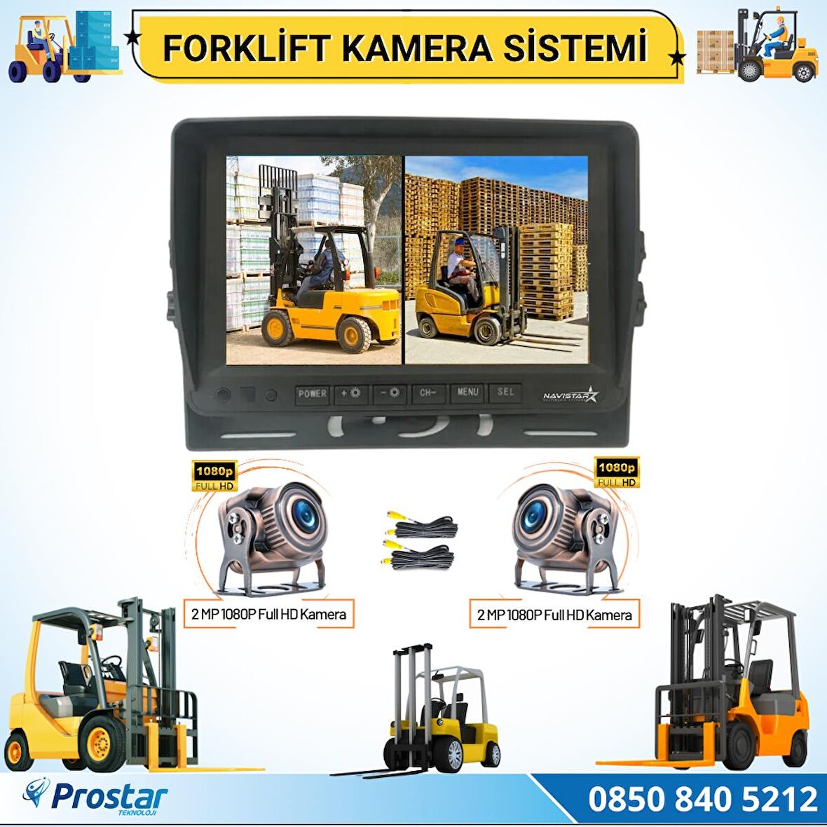 Forklift Kamera Sistemi Reach Truck 2 Kameralı 7 inç Monitörlü Kayıtlı Kamera Seti