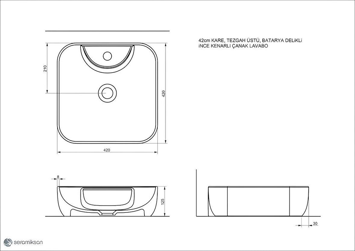 Form Batarya Delikli Lavabo Kare 42 Cm