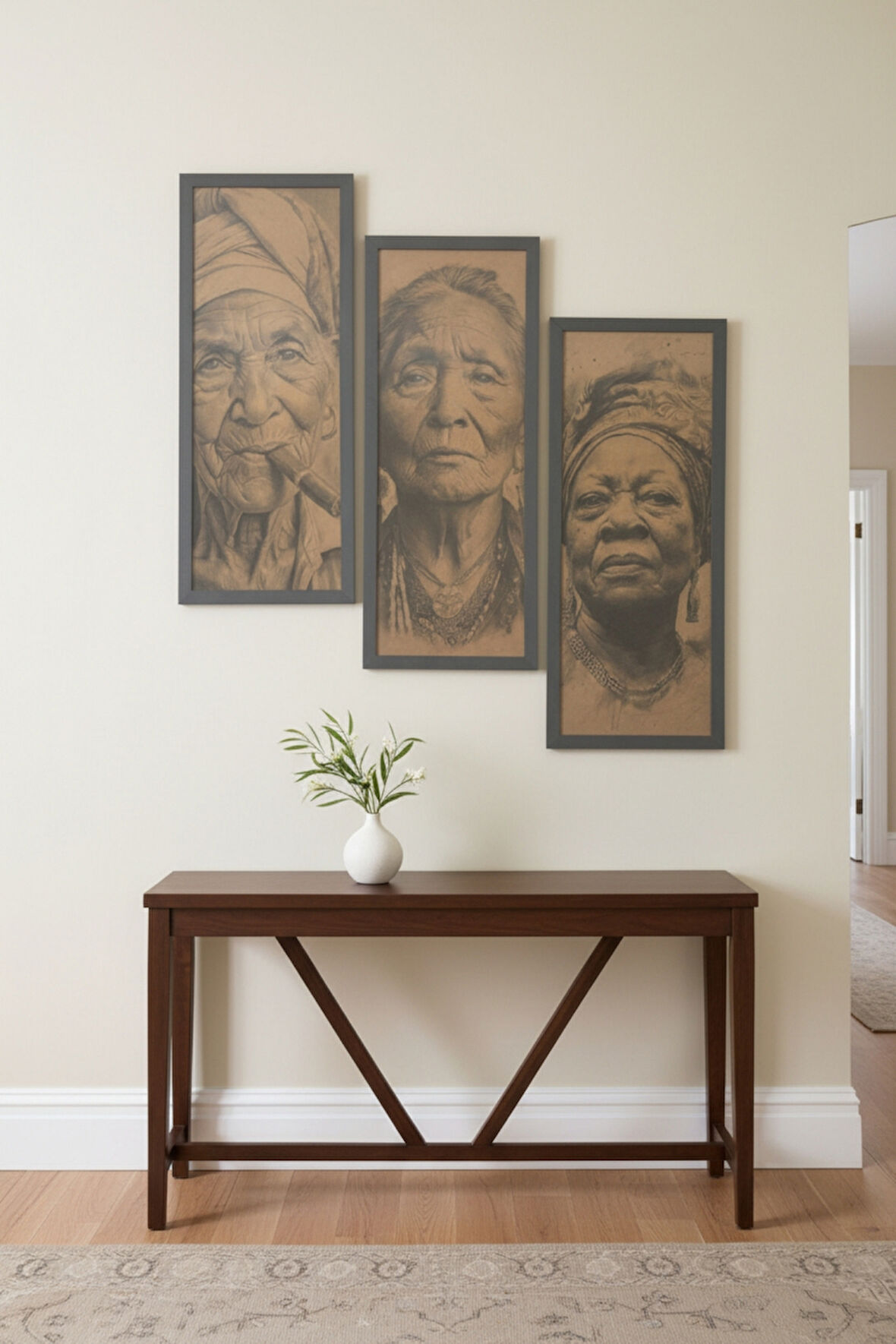 Zamanın İzleri - 3'lü Triptik Tablo, Yaşlı Kadın Figürlü Sanat Eseri, 25x60 cm Çerçeveli