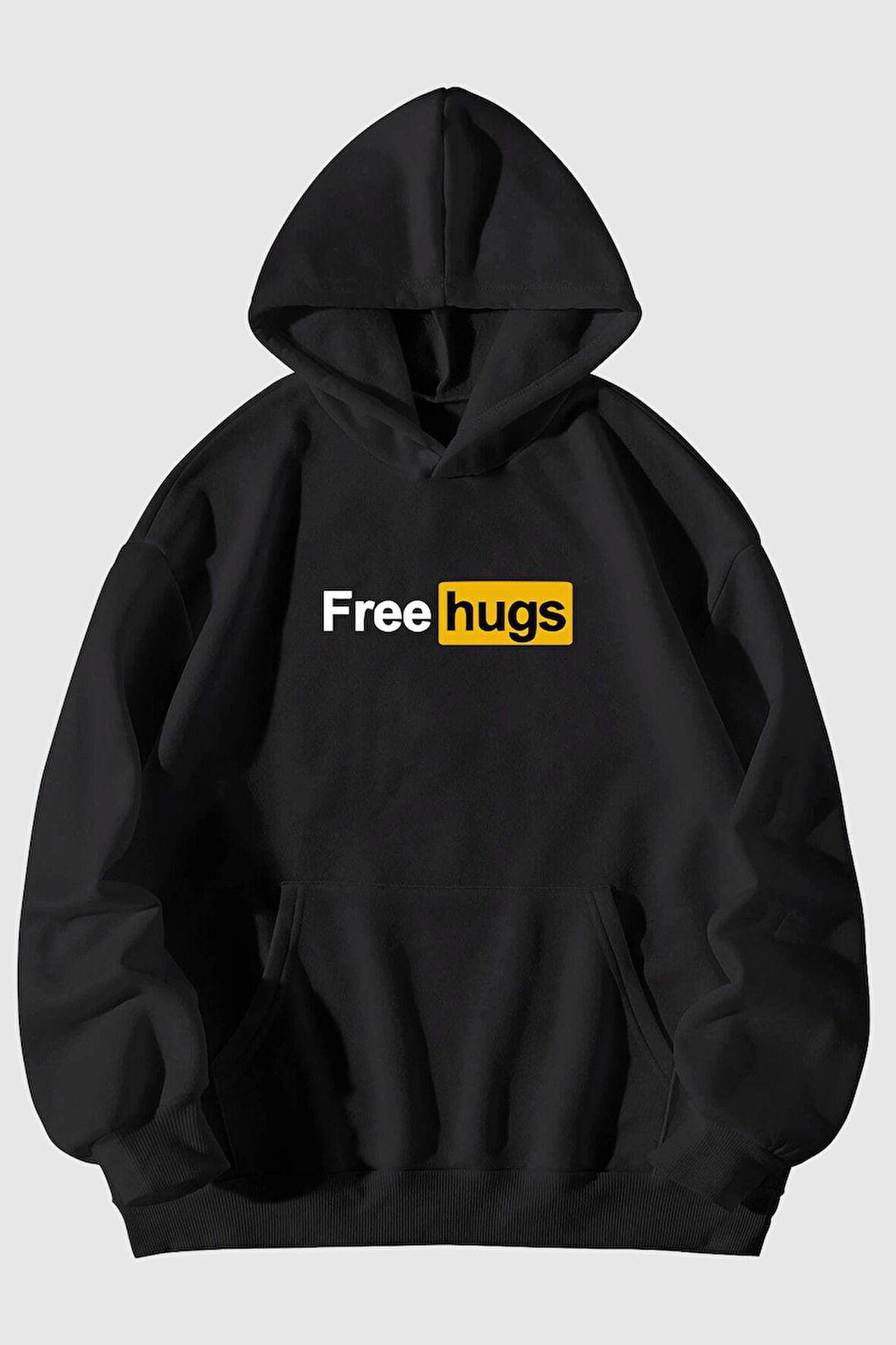 Free Hugs Baskılı Unisex Siyah Kanguru Cepli Kapüşonlu Sweatshirt Hoodie | L