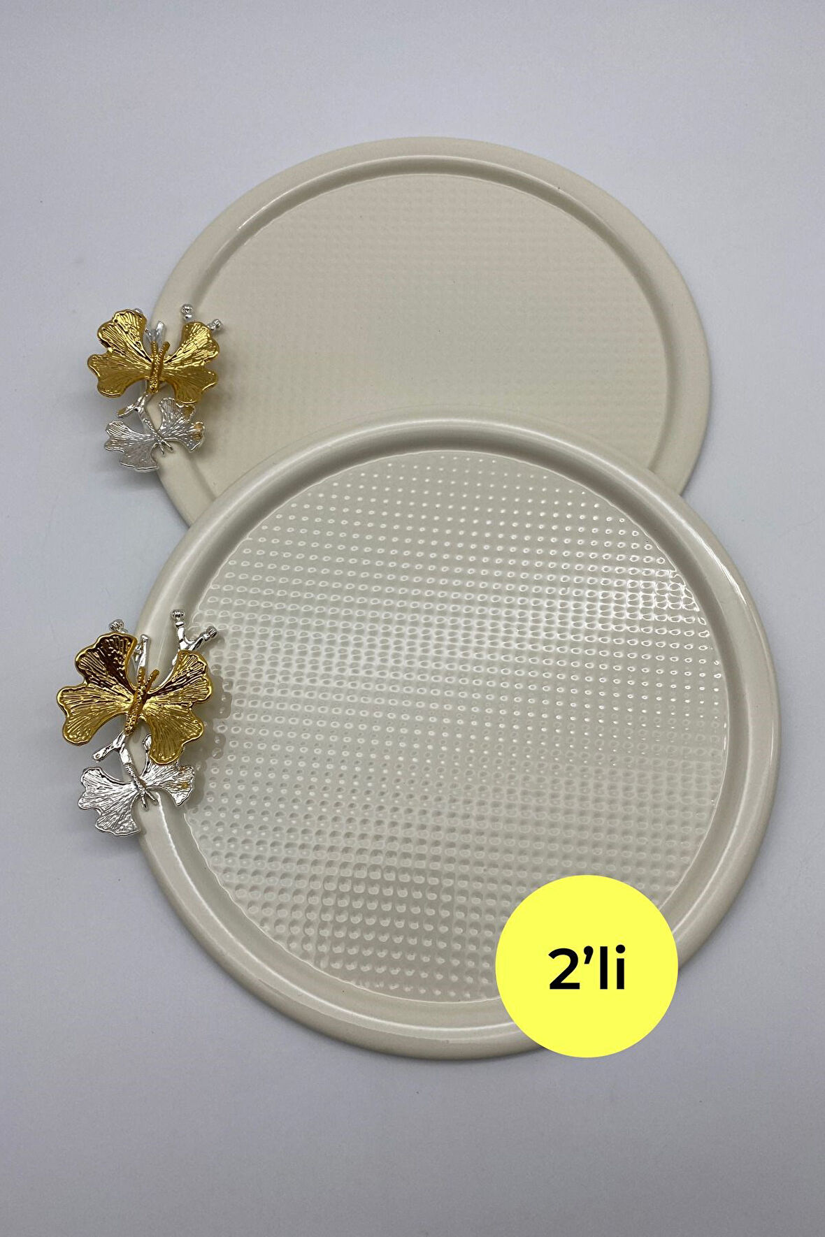 2'li Kelebekli Yuvarlak Krem Çay ve Kahve Sunum Tepsisi, Dekoratif Servis Tepsisi 22cm Tek kişilik