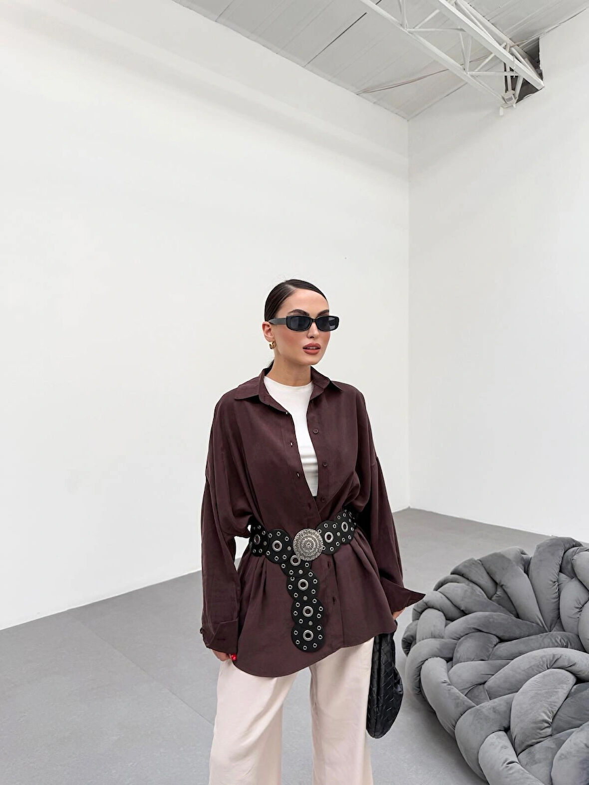 Kahverengi Soft Yumuşak Dokulu Oversize Gömlek