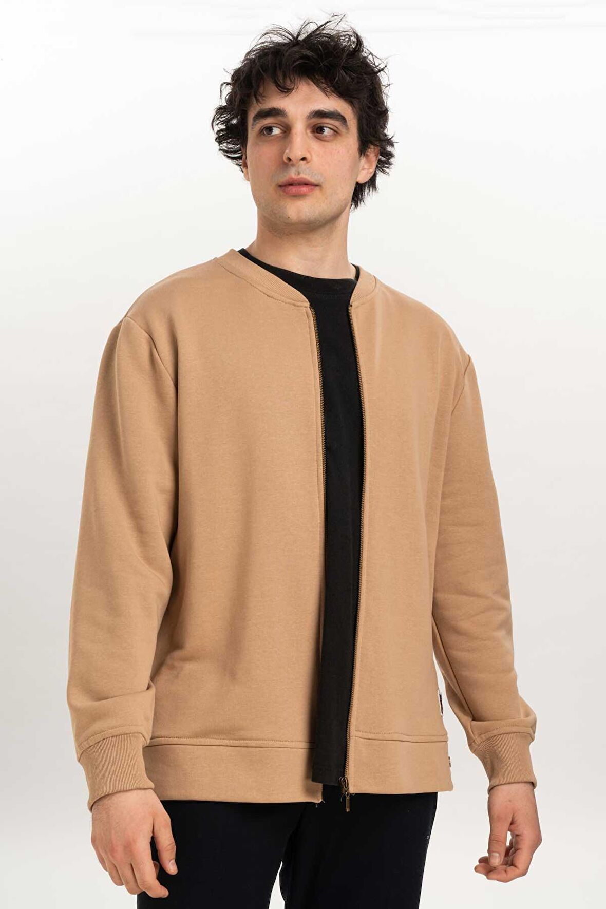 Fermuar Detaylı Erkek Bomber Sweatshirt-Bej-XXL