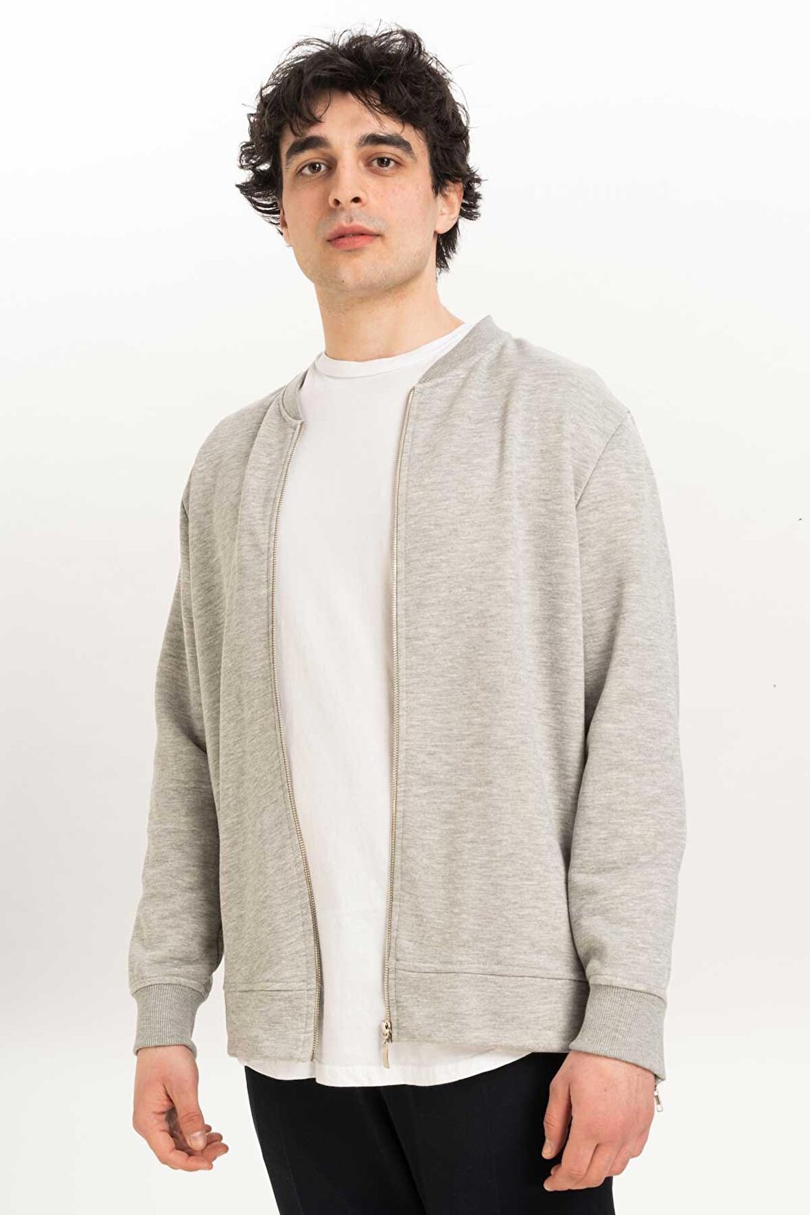 Fermuar Detaylı Erkek Bomber Sweatshirt-Gri-L