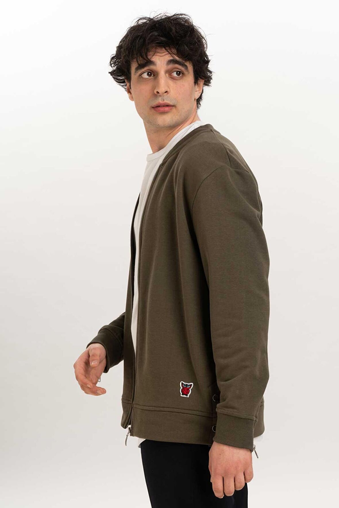 Fermuar Detaylı Erkek Bomber Sweatshirt-Haki-S