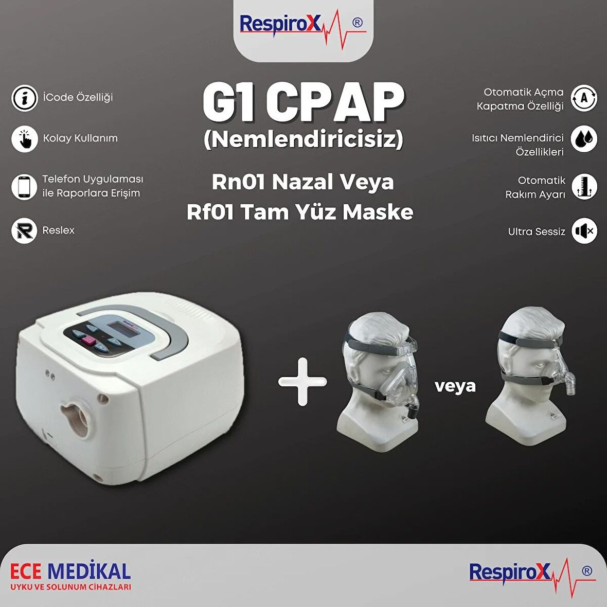 NEMLENDİRİCİSİZ G1 CPAP CIHAZI + RN01 veya RF01 UYKU SOLUNUM MASKESİ