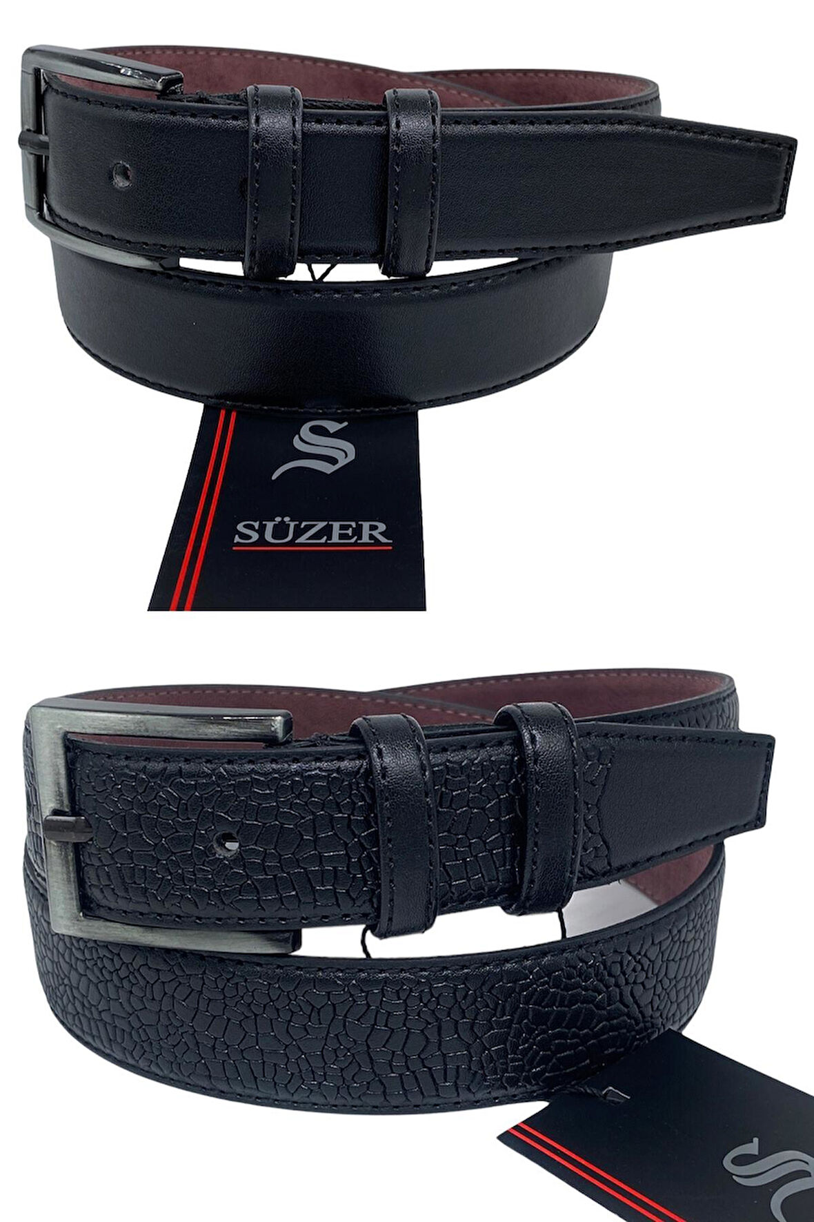 2'li Set Çocuk Boy Suni Deri 3 cm.lik Garson Klasik Kemer - Siyah Düz ve Desenli