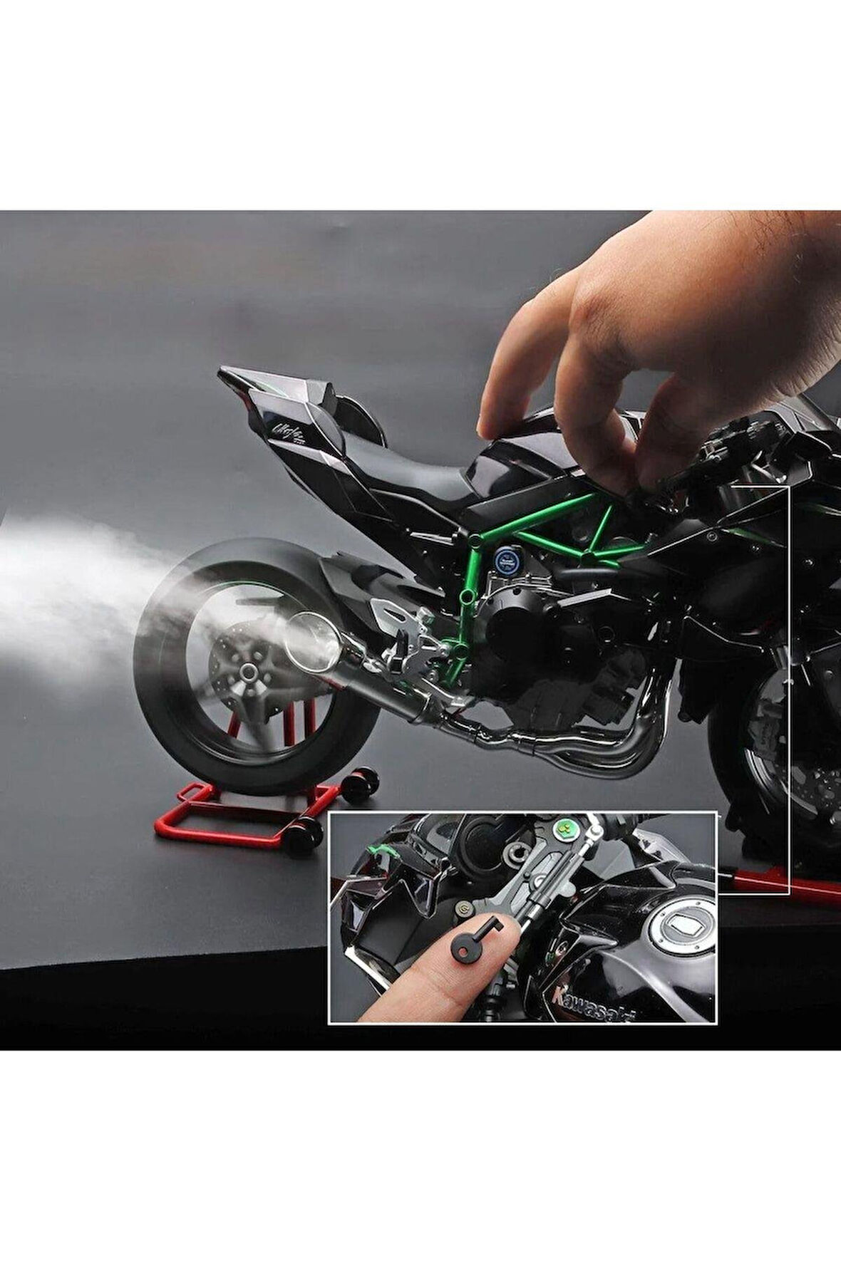 KAWASAKİ H2R 1/6 MOTOR MAKET - İSİKLİ SESLİ BENZİNLİ EGZOZ DUMANLİ (VİDEOYU İZLEYİN)