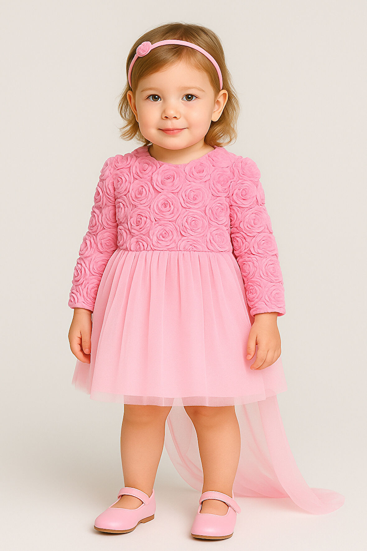 Kız Bebek Pembe Elbise Uzun Kollu Fiyonklu Doğum Günü Parti Düğün Özel Gün Tüllü Astarlı Prenses (Pembe)