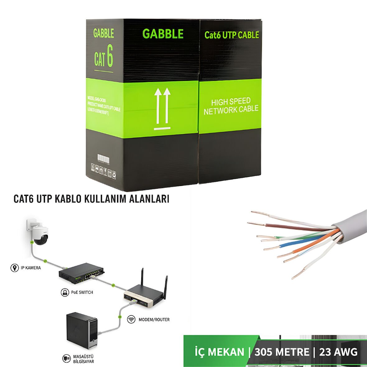 GABBLE Cat6 UTP 305 Metre İç Ortam Ethernet Ağ Kablosu 23 AWG Yüksek Hız