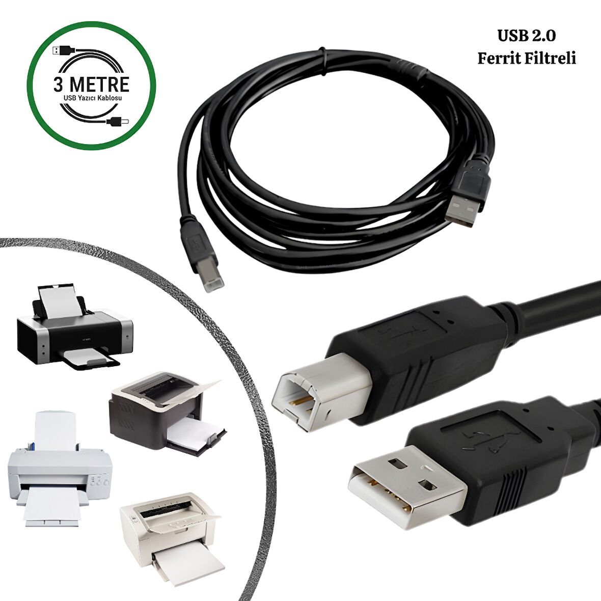 GABBLE USB 2.0 Yüksek Hızlı Yazıcı Kablosu 3 Metre (Ferrit Filtreli) PC Printer Bağlantı Kablosu